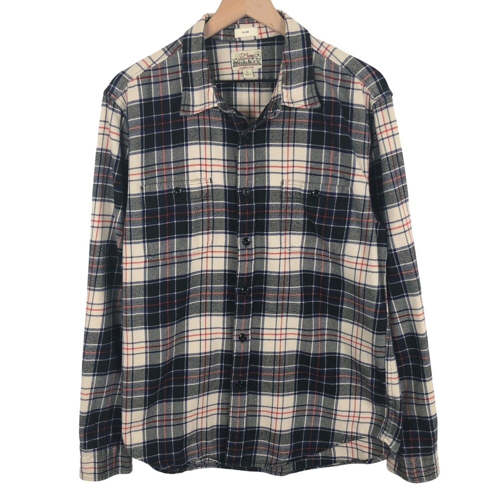 J.Crew Slim Mid-Weight Flannel Shirt Men's L Navy Cream Red Plaid Cotton Casual